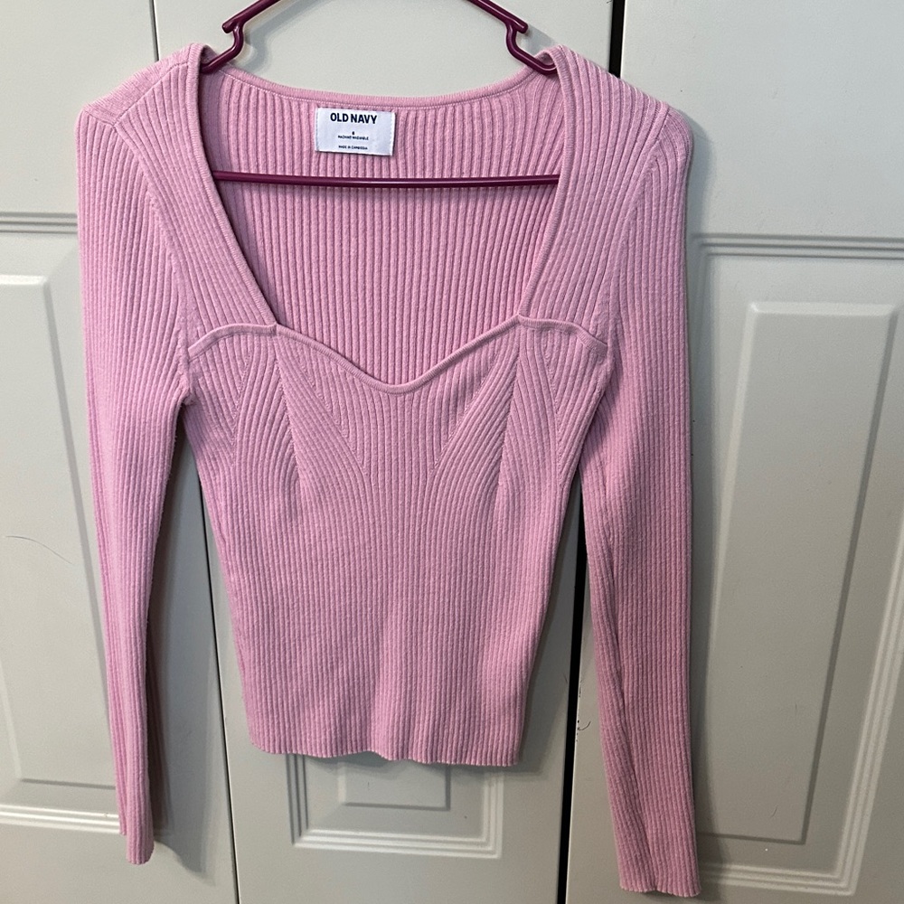 Old Navy Pink Ribbed Long-Sleeve Sweetheart Neck Top